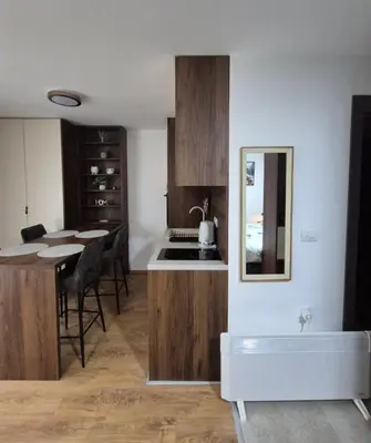 a kitchen and dining room with a table and a mirror at Avalon apartments in Kopaonik