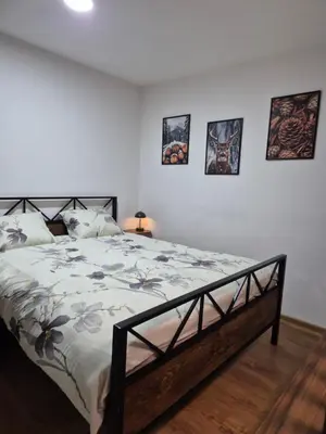 a bedroom with a large bed and four pictures on the wall at Avalon apartments in Kopaonik