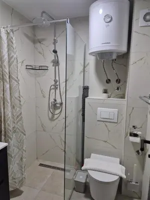 a bathroom with a shower and a toilet at Avalon apartments in Kopaonik