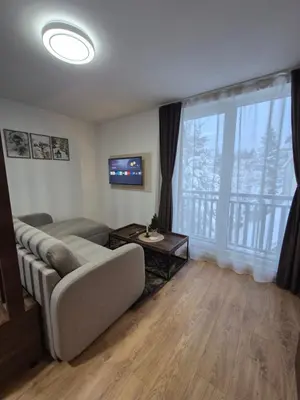 a living room with a couch and a large window at Avalon apartments in Kopaonik