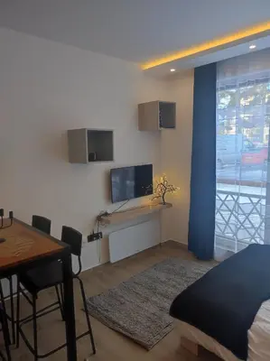 a bedroom with a bed and a table and a television at Epic Apartments in Kopaonik