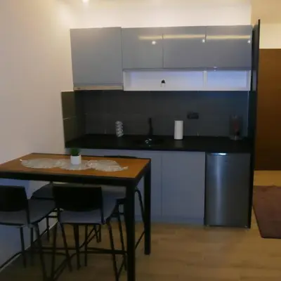 a kitchen with a table and some chairs and a sink at Epic Apartments in Kopaonik