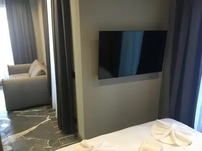 a room with a tv on a wall with a bed at Apartman Stotka in Kopaonik