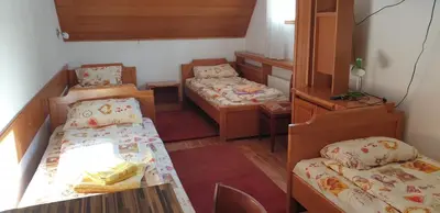 a small room with two beds and a table at Apartman Sivi Vuk Kopaonik in Kopaonik