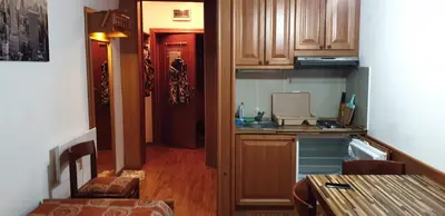 a kitchen with a counter and a table in a room at Apartman Sivi Vuk Kopaonik in Kopaonik