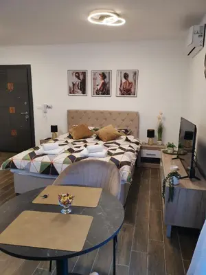 a hotel room with a bed and a table and a table sidx sidx at LILLY apartman in Vrnjačka Banja