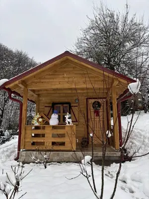 a log cabin with two stuffed animals in the window at Brvnara Novičić in Vrnjačka Banja