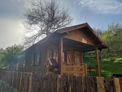 a wooden cabin behind a wooden fence at Brvnara Novičić in Vrnjačka Banja