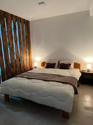 a bedroom with a large bed with two lamps at Apartman Vučko in Kopaonik