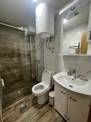 a bathroom with a toilet and a sink and a shower at Apartman Vučko in Kopaonik