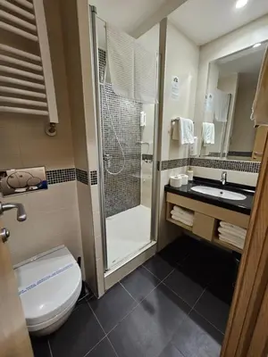 a bathroom with a toilet and a shower and a sink at Konak Zvečan 307 in Kopaonik