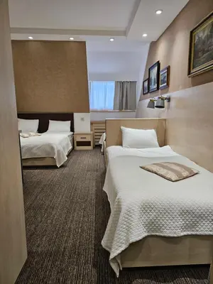 a hotel room with two beds and a window at Konak Zvečan 307 in Kopaonik