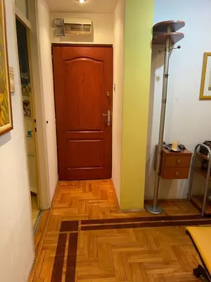 a hallway with a brown door and a wooden floor at Sindjelicev trg apartment in Niš