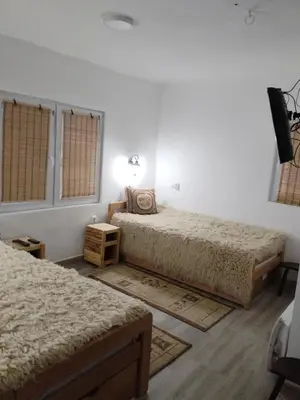 a bedroom with two beds and a tv on the wall at Apartman BREG in Pirot
