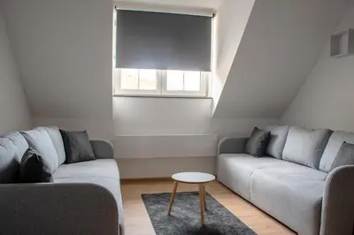 a living room with two couches and a table at Studio Bele Staze Central in Brzeće