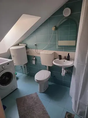 a bathroom with a toilet and a sink and a washing machine at Niš,centar udobnosti in Niš