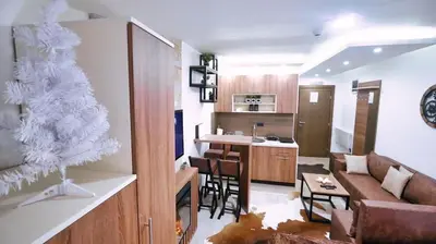 a living room and kitchen with a christmas tree in it at Apartmani Aki in Kopaonik