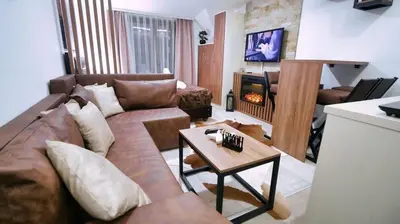 a living room with a couch and a fireplace at Apartmani Aki in Kopaonik