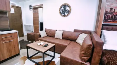 a living room with a brown couch and a table at Apartmani Aki in Kopaonik