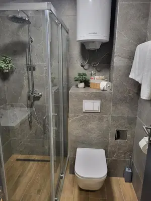 a bathroom with a shower with a toilet and a sink at Cozy Kop, Free Parking, SPA for additional price in Kopaonik