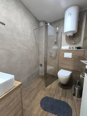 a bathroom with a shower and a toilet and a sink at Apartment S65a Milmari Resort,Kopaonik in Raška