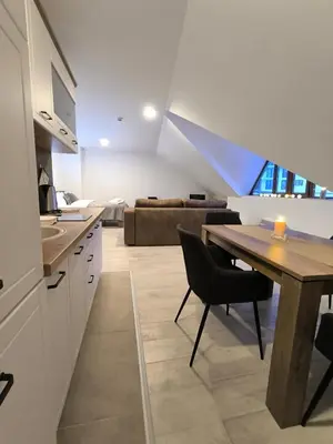 a kitchen and living room with a table and a couch at Apartment S65a Milmari Resort,Kopaonik in Raška