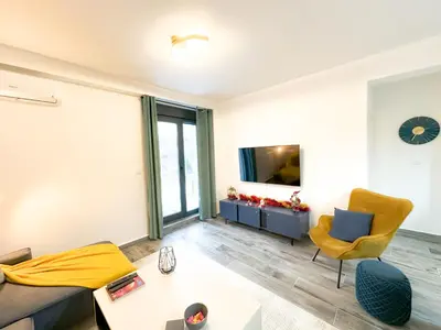 a living room with a couch and a tv at ORDO Apartments in Vrnjačka Banja