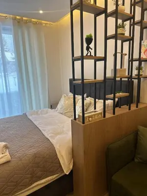 a bedroom with a bed and a book shelf at Apartman B64 Residence Hill Kopaonik in Kopaonik