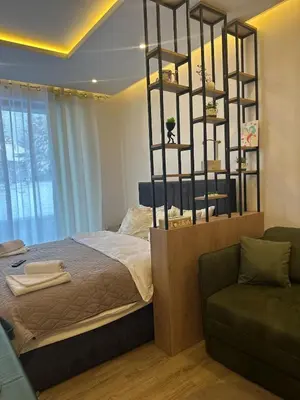 a bedroom with a large bed and a couch at Apartman B64 Residence Hill Kopaonik in Kopaonik