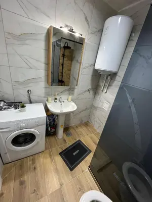 a bathroom with a sink and a washing machine at Apartman Stojanovic in Vranje