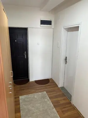a hallway with a black door and a white wall at Apartman Stojanovic in Vranje