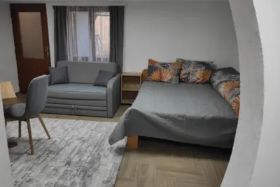 a bedroom with a bed and a couch and a chair at Apartmani Maljković in Knjazevac.
