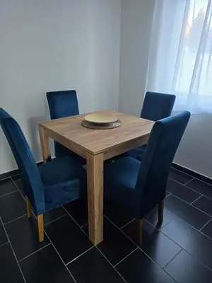 a wooden table with blue chairs in a room at Tara Apartments Kopaonik in Kopaonik