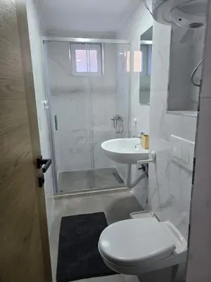 a bathroom with a shower and a toilet and a sink at Tara Apartments Kopaonik in Kopaonik
