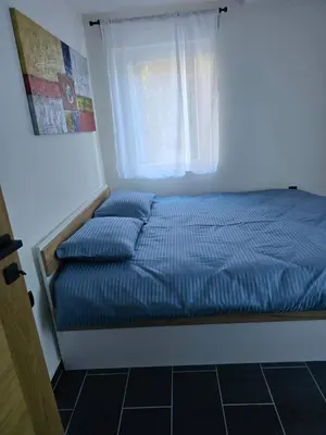 a bedroom with a bed with a window and blue sheets at Tara Apartments Kopaonik in Kopaonik