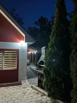 a house with a tree next to a garage at night at Studio Ivana 3 in Soko Banja