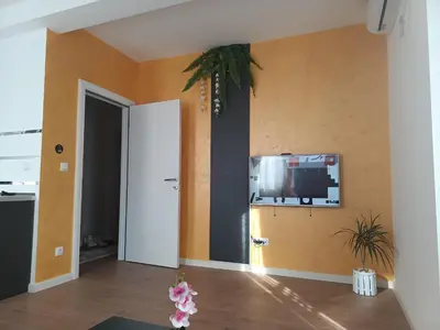 a living room with a tv on a wall at Gold Apartman in Kruševac