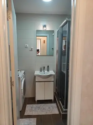 a bathroom with a sink and a shower at Gold Apartman in Kruševac