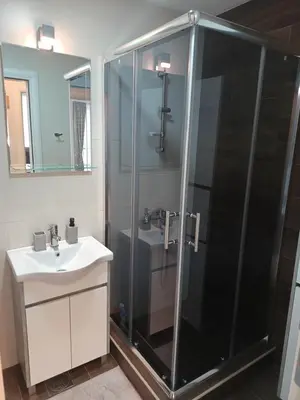 a bathroom with a shower and a sink at Gold Apartman in Kruševac