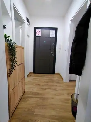 a hallway with a black door and a wooden floor at MSapartman in Vrnjačka Banja