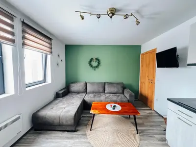 a living room with a couch and a table at Ski2Door Apartment - Sunčani Breg, 50m from Ski Slope in Kopaonik