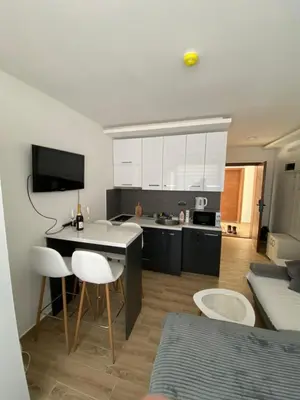 a kitchen and living room with a table and chairs at Residence Hill , apartman Stefan A023 in Kopaonik