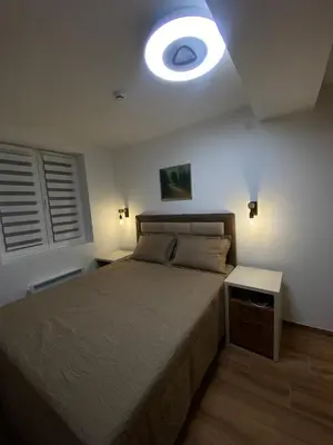a bedroom with a large bed and a light on the ceiling at Kopaonik Apartman Nina in Kopaonik