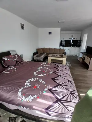 a large bed in a living room with a couch at Apartmani SARA Vranje in Vranje