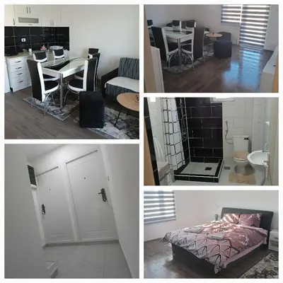 a collage of four pictures of a kitchen and a room at Apartmani SARA Vranje in Vranje