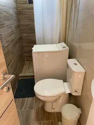 a small bathroom with a toilet and a shower at Apartman Vuk, Crni Vrh - Stara planina in Crni Vrh