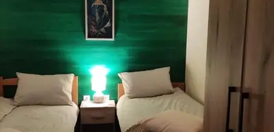 two beds in a room with a green wall at Apartman Vuk, Crni Vrh - Stara planina in Crni Vrh