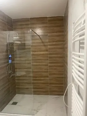 a bathroom with a shower with a glass door at Apartman Dasha in Brzeće