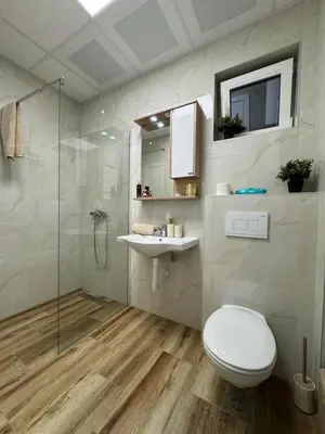 a bathroom with a toilet and a sink and a shower at Jokica apartmani in Paraćin