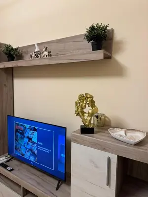 a living room with a television on a wooden shelf at Jokica apartmani in Paraćin